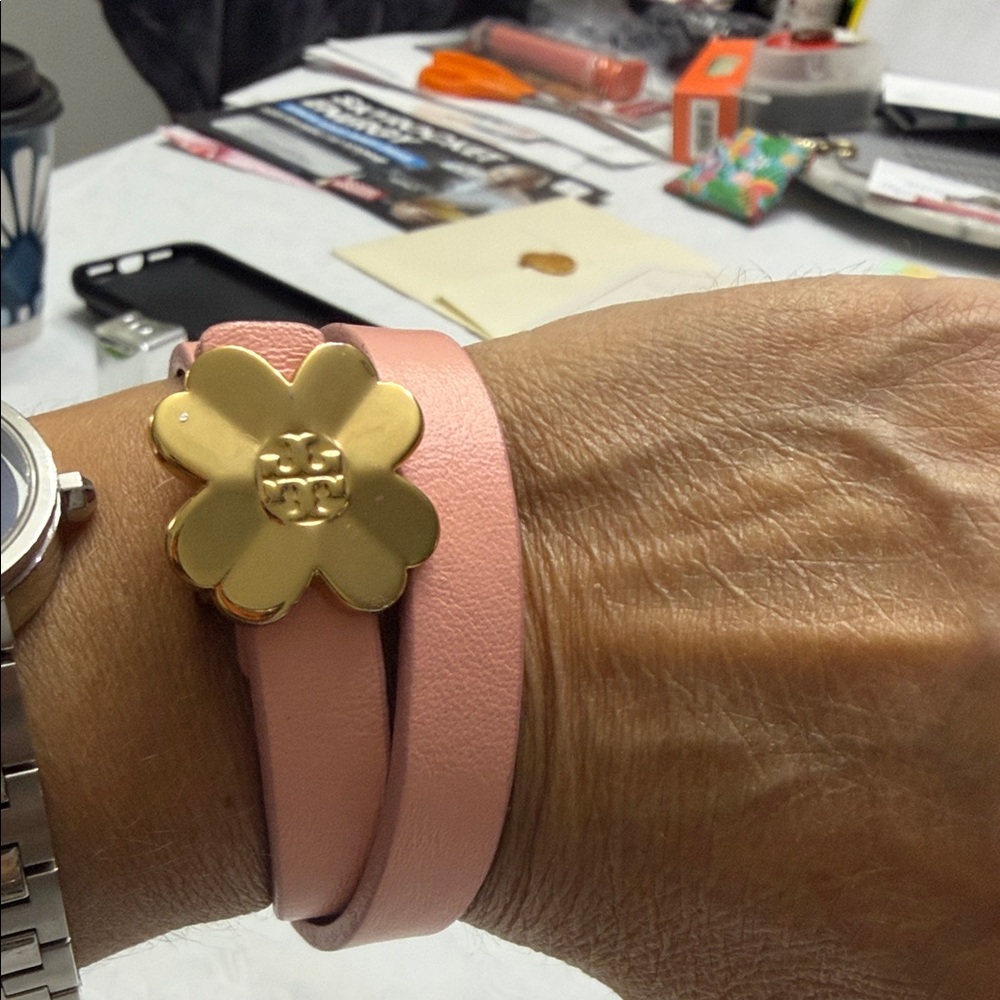 Tory Burch Pink Leather Wrap Bracelet with Gold Flower - Picture 5 of 5